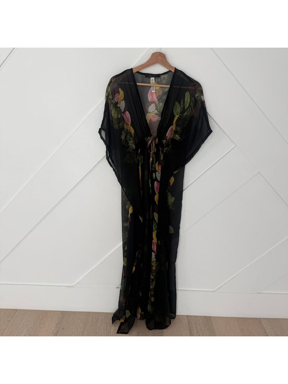 BCBGMAXAZRIA Sheer Black Tropical Fruit Print Maxi Vacation Caftan Cover-Up
